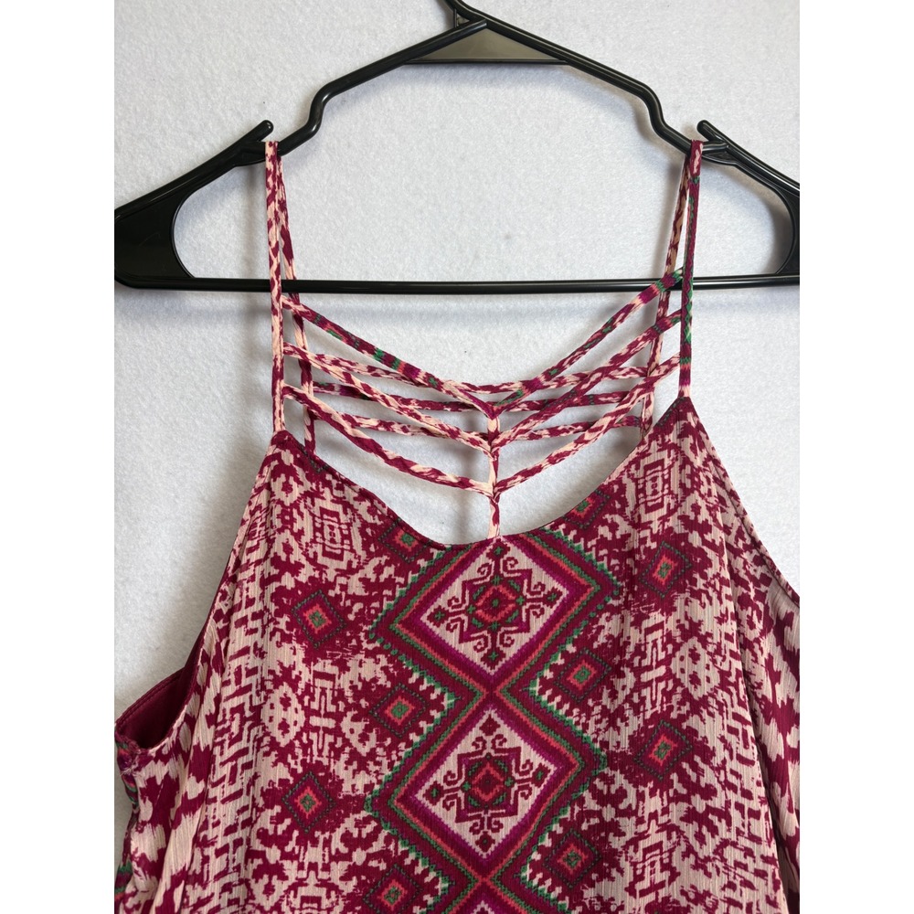 Maurices Women Burgundy Geometric Tribal Print Tassel Handkerchief dress M - Picture 4 of 11
